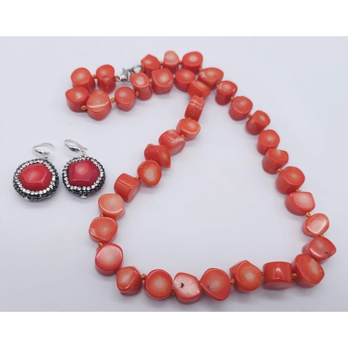 1769 - A Red Coral Chunky Necklace and Earring Set. Necklace - 44cm. Earrings - 15mm diameter.