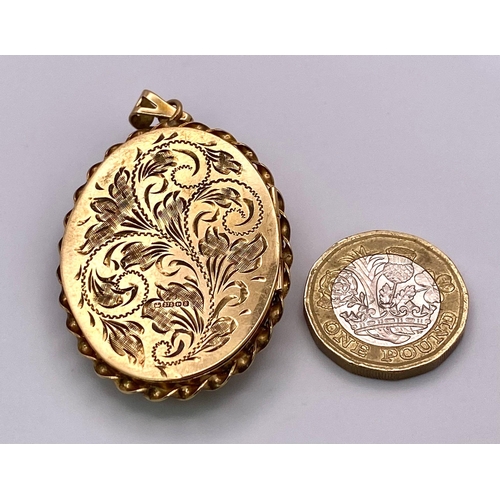 197 - A Vintage 9K Yellow Gold Cameo Pendant. Oval cameo amidst ornate and engraved gold. 5.5cm. 16.55g to... 