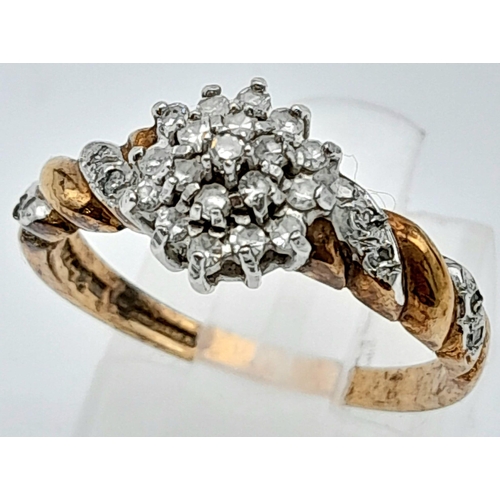 213 - A Vintage 9K Yellow Gold Diamond Cluster Ring. A floral delight of diamonds. Size N. 2.3g total weig... 