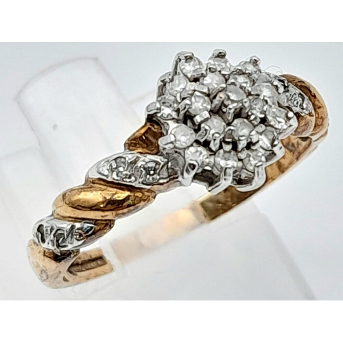 213 - A Vintage 9K Yellow Gold Diamond Cluster Ring. A floral delight of diamonds. Size N. 2.3g total weig... 