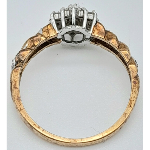 213 - A Vintage 9K Yellow Gold Diamond Cluster Ring. A floral delight of diamonds. Size N. 2.3g total weig... 