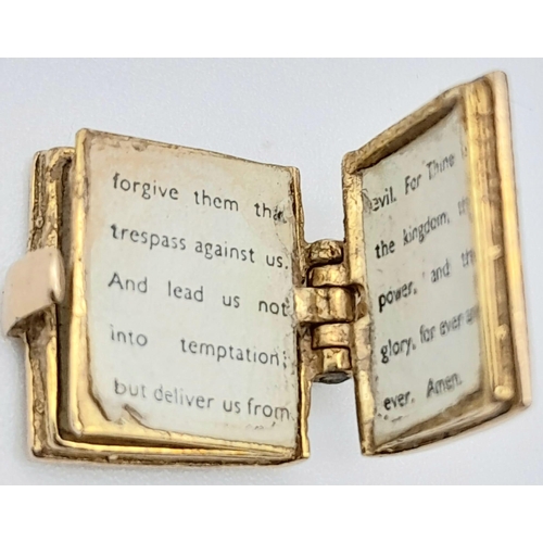 229 - A Vintage 9K Yellow Gold Bible Pendant/Charm with a Copy of the Lords Prayer Inside! 14mm. 3.33g tot... 