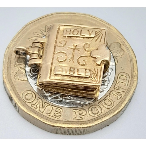 229 - A Vintage 9K Yellow Gold Bible Pendant/Charm with a Copy of the Lords Prayer Inside! 14mm. 3.33g tot... 