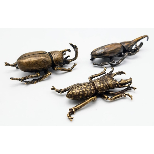 238 - Three Japanese, highly detailed, bronze beetles representing. Virility, Longevity and Rejuvenation. ... 