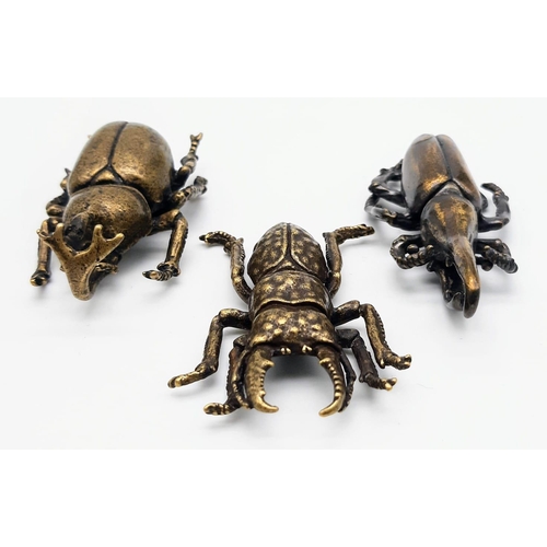 238 - Three Japanese, highly detailed, bronze beetles representing. Virility, Longevity and Rejuvenation. ... 