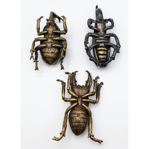 238 - Three Japanese, highly detailed, bronze beetles representing. Virility, Longevity and Rejuvenation. ... 