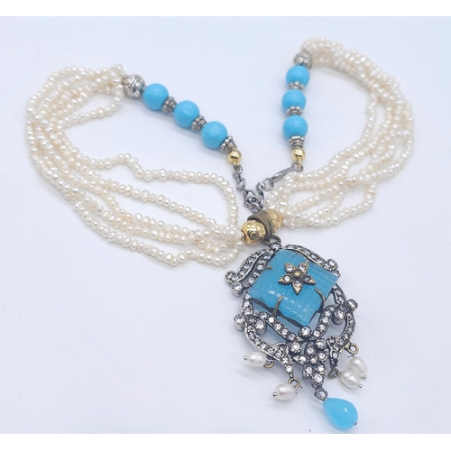 767 - A Vintage Chalcedony and Four Strand Seed Pearl Necklace. With an art deco style drop pendant. Neckl... 