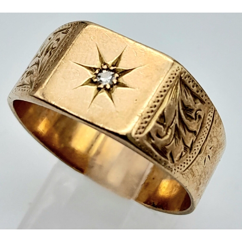 78 - A Vintage 9K Yellow Gold Diamond Star Signet Ring. Size Z/Z+1. 7.6g total weight.