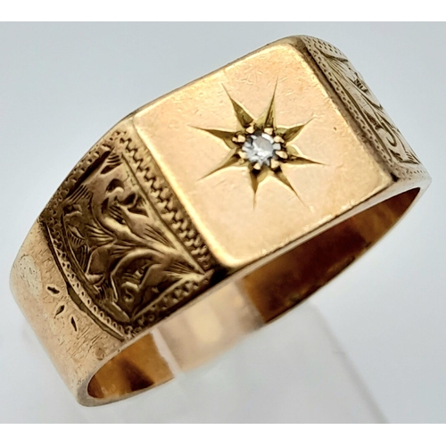 78 - A Vintage 9K Yellow Gold Diamond Star Signet Ring. Size Z/Z+1. 7.6g total weight.