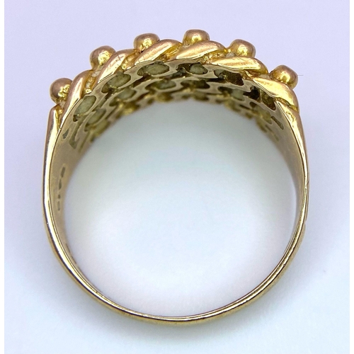 83 - A Vintage 9K Yellow Gold Three Row Keeper Ring. Size S. 5.52g weight.