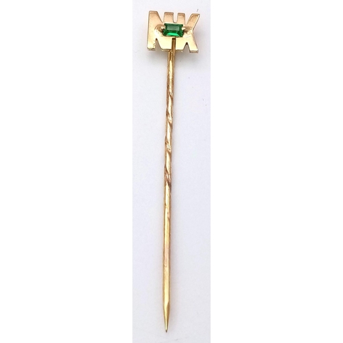 834 - A Vintage 9K Yellow Gold and Emerald Stick-Pin. If your initials are N.K. you are in luck. 5cm. 0.95... 