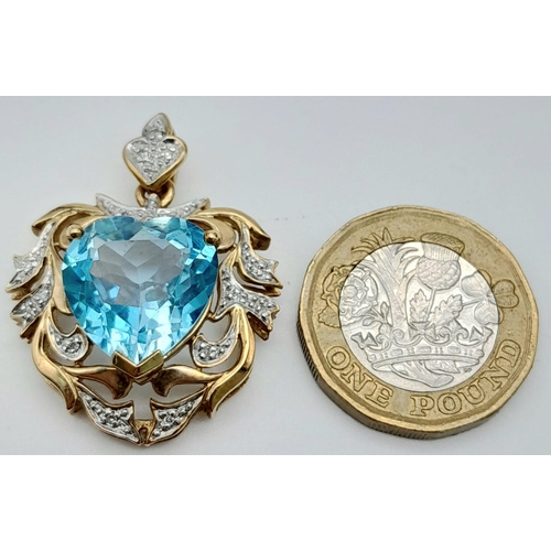 86 - A Sumptuous Antique Style 9K Yellow Gold, Aquamarine and Diamond Pendant. Heart-shape cut aquamarine... 