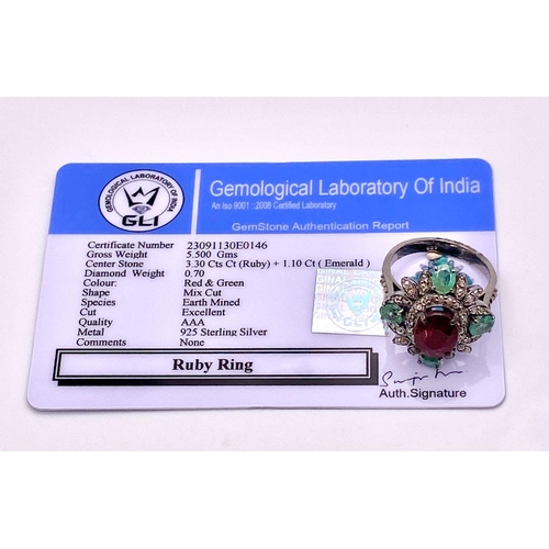 932 - An Art Deco Style 3.30ct Ruby Ring with 1.10ctw of Emeralds and 0.70ctw of Diamond Accents. Set in 9... 