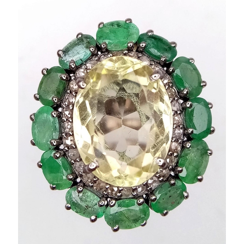 1626 - A Citrine with Emerald and Rose-Cut Diamond Halos Ring.  Set in 925 Sterling silver. Citrine - 9.85c... 