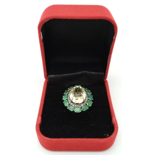 1626 - A Citrine with Emerald and Rose-Cut Diamond Halos Ring.  Set in 925 Sterling silver. Citrine - 9.85c... 