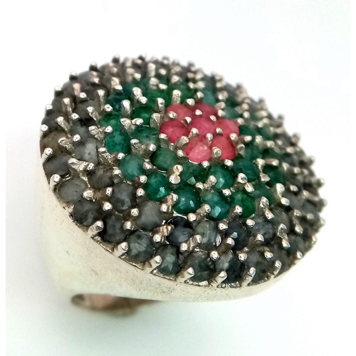 1528 - An Emerald and Sapphire Cocktail Ring with a Ruby Bullseye! Set in 925 Silver. Size Q. 13.9g total w... 