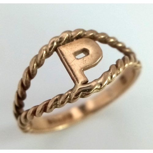 1542 - A Vintage 9K Yellow Gold 'P' Initial Ring. Penny, Patricia... Are you out there? Size O. 2.25g weigh... 