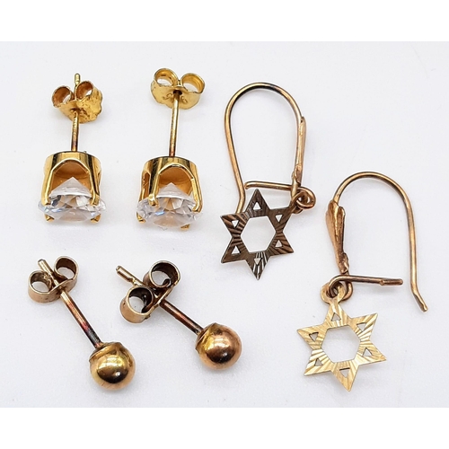 1153 - Three Pairs of Different Style 9K Yellow Gold Earrings - White stone, ball and Star of David. 2.73g ... 