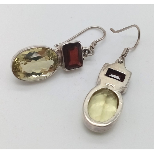 1549 - A Pair of Citrine and Garnet 925 Silver Drop Earrings. Citrines - 15ctw. 3cm drop. 6.70g total weigh... 