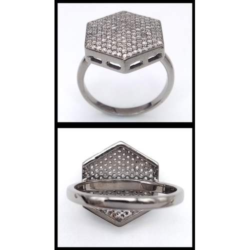 1754 - A Set of Pave Diamond Drop Earrings, Ring and Hexagonal Pendant set in 925 Silver. Ring - Size P. Ea... 