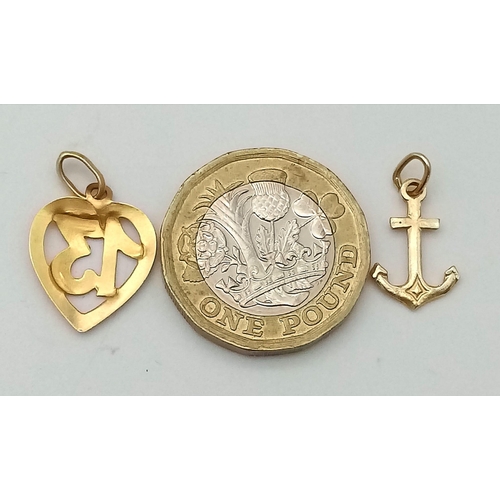 1034 - Two Different Style 9K Yellow Gold Pendants. Try not to wear both at sea! 1.4g total weight.