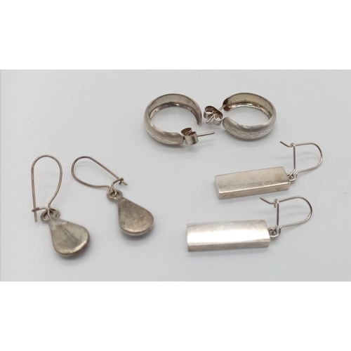 1433 - Three Pairs of Sterling Silver Earrings: Ingot, Hoop and Enamel Decoration.