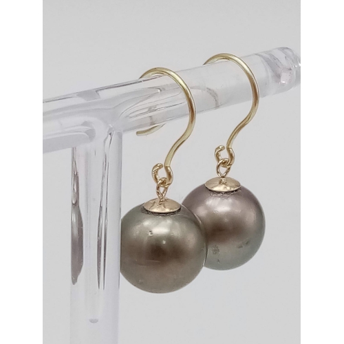 1446 - A Pair of 9K Yellow Gold and Silver South Sea Pearl Earrings.
3.64g total weight.