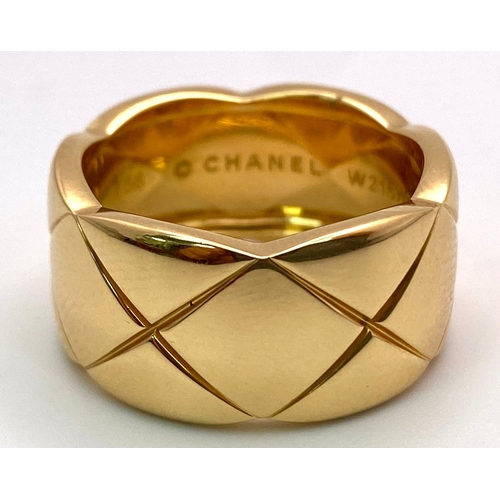 735 - A Chanel Quilted Bandeau Ring in 18k Yellow Gold , Band Width 10mm, Fits Ring Size Q-R, Total Weight... 