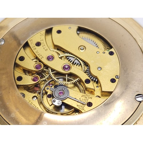 1444 - An Asprey of London 18K Yellow Gold Slimline Pocket Watch. 
Engine turn pattern with engraved cartou... 