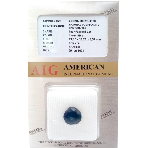 1489 - A 6.12ct Rare Translucent Namibian Blue Tourmaline Indicolite Gemstone.  AIG Sealed Certified.