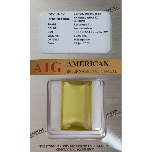 1098 - A Sealed Madagascar 86.03ct Lemon Yellow Quartz, Eye Clean. AIG Certified Origin