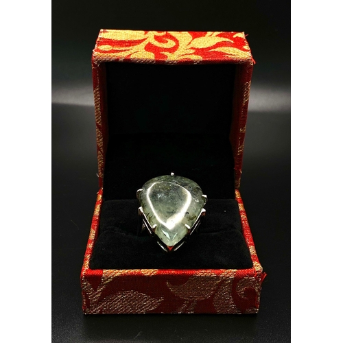 1166 - A Natural Pear-Shape Prehnite Gemstone 925 Silver Ring. Size P. 15.53 total weight. Comes with a pre... 