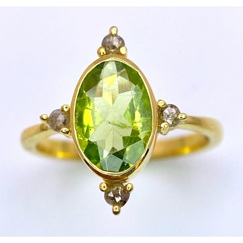 1176 - An Oval Peridot and Diamond Ring. A lime green peridot with compass point diamond accents. Set in gi... 