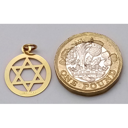 1375 - A 9K Yellow Gold Star of David Pendant. 15mm diameter. 0.7g weight.