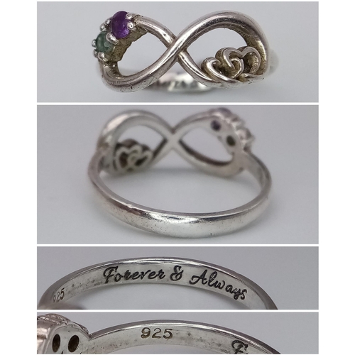 1388 - Two Sterling Silver Rings.
1. 'Forever & Always' engraved, duo stone infinity heart ring. Size: K
2.... 