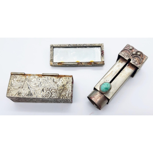 1583 - Foreign Silver Antique Lipstick and Mirror set.
Wonderfully ornate with Art Deco accents throughout.... 