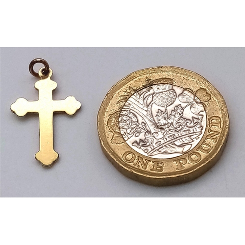 1605 - A Vintage 9K Yellow Gold Cross Pendant/Charm. 2cm. 0.7g weight.