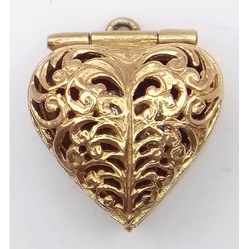 237 - A Vintage 9K Yellow Gold Heart Locket Pendant with Miniature White Stone Crossover Ring Inside! 16mm... 