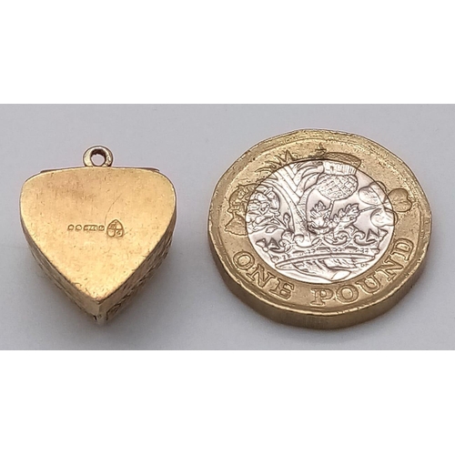 237 - A Vintage 9K Yellow Gold Heart Locket Pendant with Miniature White Stone Crossover Ring Inside! 16mm... 