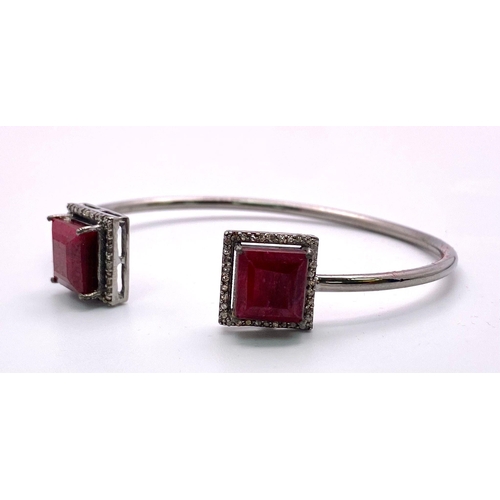 607 - A Step Cut Ruby and Diamond Surround 925 Silver Cuff Bracelet. Rubies - 16.95ctw. Diamonds - 0.50ctw... 