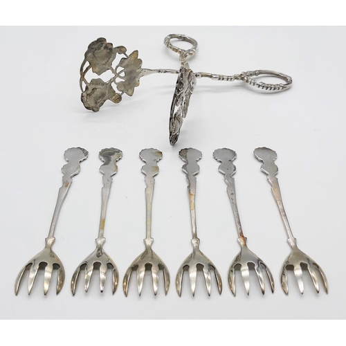 701 - Parcel of antique silver cutlery.
Featuring six ornately handled forks and large servicing tongs (16... 