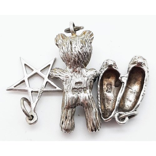 904 - Parcel of Five Sterling Silver Charms/Pendants. Featuring a Apple, Pram, Teddy Bear, Star of David, ... 