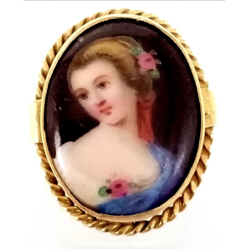 98 - A Wonderful Antique 9K Yellow Gold Portrait Ring. Centre-piece of a hand-painted portrait of a beaut... 