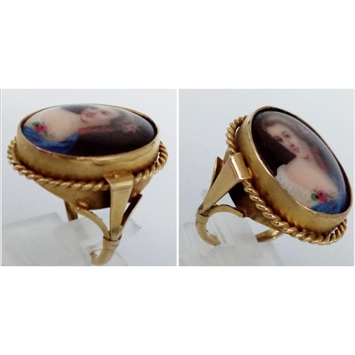 98 - A Wonderful Antique 9K Yellow Gold Portrait Ring. Centre-piece of a hand-painted portrait of a beaut... 