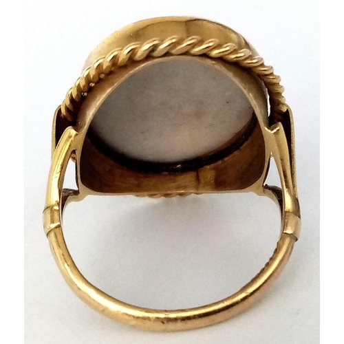 98 - A Wonderful Antique 9K Yellow Gold Portrait Ring. Centre-piece of a hand-painted portrait of a beaut... 