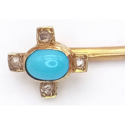 1699 - A Vintage 9K Yellow Gold Turquoise and Diamond Stick-Pin. Small turquoise cabochon with a four diamo... 