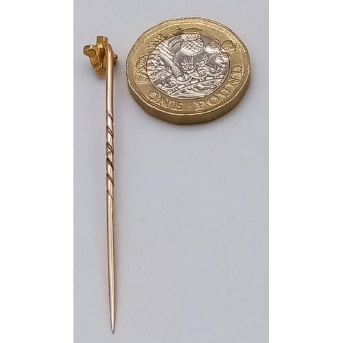 1699 - A Vintage 9K Yellow Gold Turquoise and Diamond Stick-Pin. Small turquoise cabochon with a four diamo... 