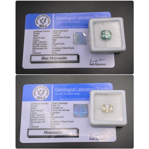 832 - A Collection of 2 Moissanites Gemstones -  3.60ct blue and 2.840ct White Moissanite. Both with GLI c... 