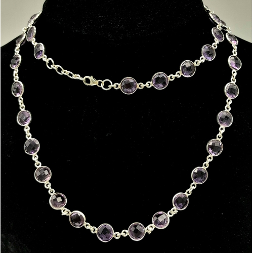 863 - An Amethyst Round-Cut Gemstone Chain Necklace set in 925 Silver. 70cm length. 30.25g weight. Ref: CD... 