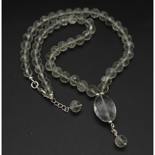 979 - A Green Amethyst Gemstone Necklace and Amethyst Drop  with 925 Silver Clasp. 4cm drop. 40cm necklace... 